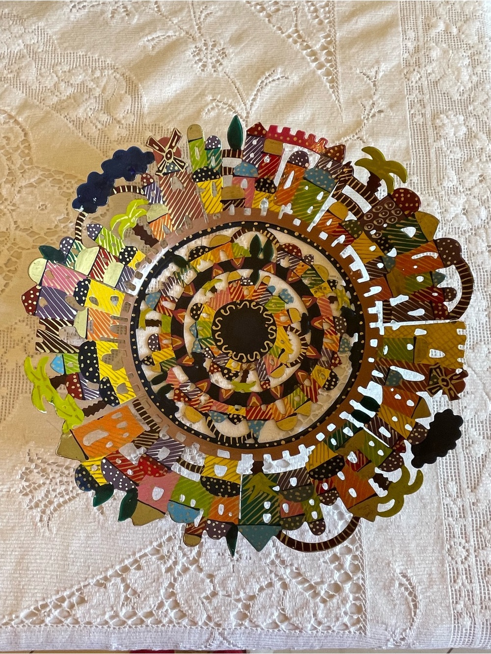 Yair Emanuel Signed Israeli Laser Cut Hand Painted Metal Art Bowl